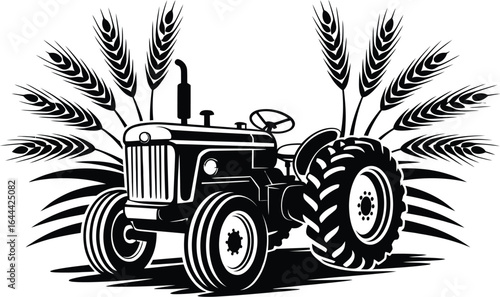 Vintage Tractor Silhouette Surrounded by Wheat Stalks A Classic Farm Equipment Illustration