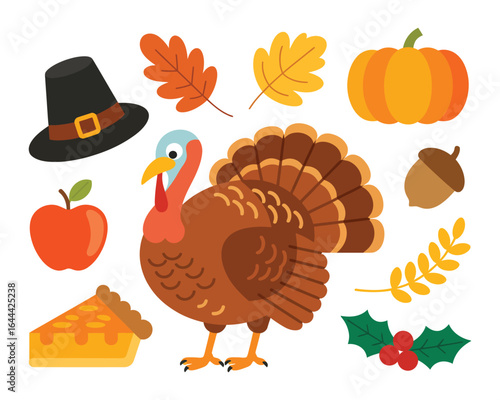 A Cartoon Illustration of Thanksgiving Elements Turkey, Pumpkin, Pie, and Autumn Leaves