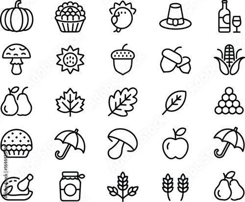Thanksgiving Icons A Collection of 25 Thin Line Art Symbols Representing the Autumn Holiday