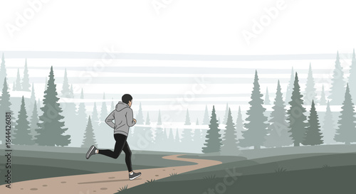 Man jogging outdoors in a serene forest setting illustration showcasing fitness and healthy lifestyle  vector graphics illustration