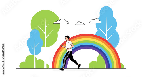 Man jogging in a park with a rainbow in the background perfect for health promotion