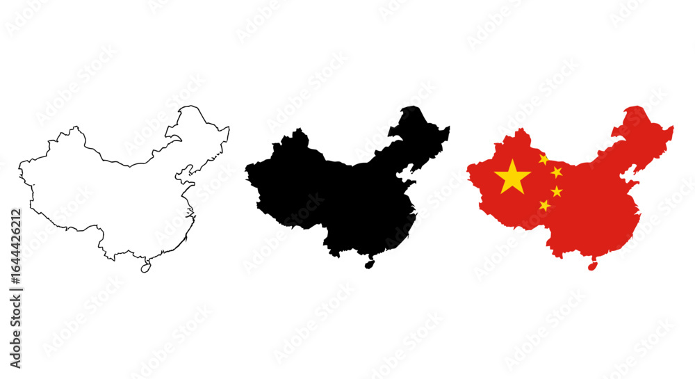 Naklejka premium Outline, Silhouette, and National Flag Map Representations of a Geographically Significant East Asian Nation
