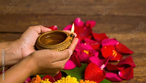 A pair of hands holds a traditional oil lamp above vibrant flower petals, symbolizing light and celebration in a serene setting.