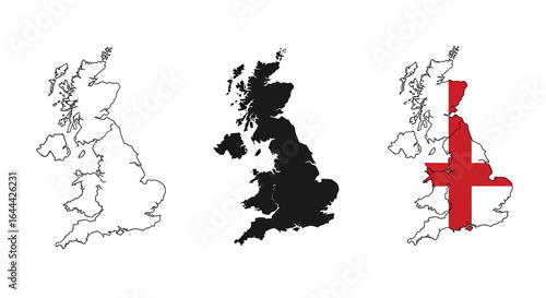 Outlines of the United Kingdom Black Silhouette and St. George's Flag