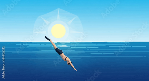 Illustrative vector of a scuba diver diving into a serene ocean under the sun