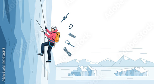 Illustrative vector of ice climber in arctic landscape showing climbing safety equipment