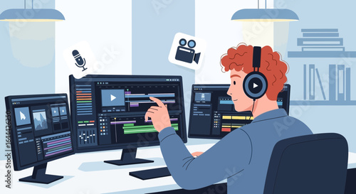 Illustrative video editor working on multiple monitors with timeline interface editing sound