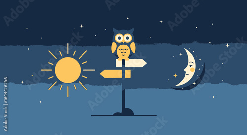 Illustrative whimsical depiction featuring an owl perched on a signpost under sun and moonlit night