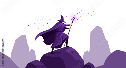 Illustrative wizard casting spells from mountain peak, magical fantasy world adventure illustration
