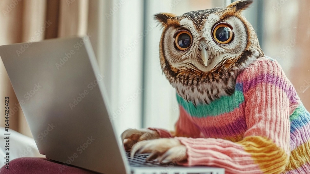 Fototapeta premium Owl Using Laptop: A Cute Image