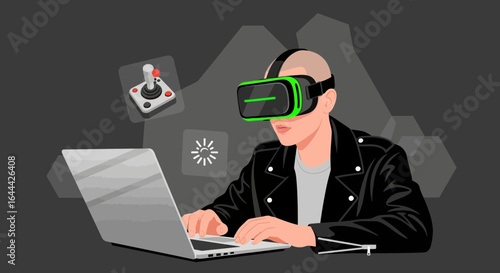 Immersive VR gaming experience on laptop, man in black jacket playing games using virtual reality