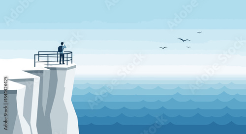 Man On Cliff Gazing At Ocean View, Serene And Peaceful Landscape