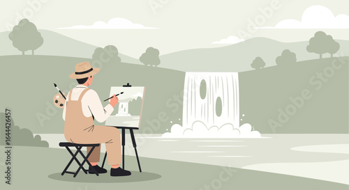 Man painting a serene waterfall landscape artwork of nature with brushes in hand
