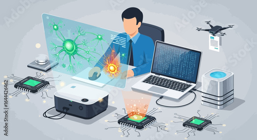 Innovations in technology: a man navigating virtual reality with chips and data