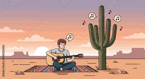 Man playing guitar in the desert sunset with cactus and musical notes illustrations creating a serene and harmonious scene