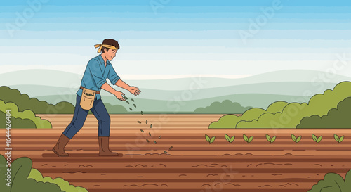 Man planting seeds in field under bright sky cultivating crops for sustainable agriculture cartoon illustration