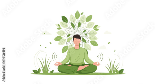 Man practicing meditation with green leaves illustration on a white background for health and wellness mindfulness retreat