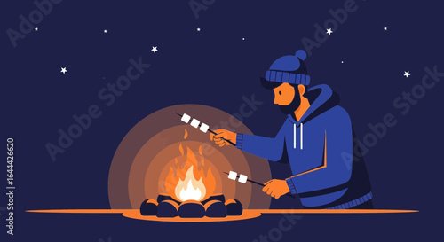 Man Roasting Marshmallows By Campfire Under Starry Sky For Adventure Moments