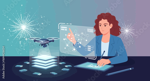 Innovative woman using drone technology and holographic interface for data analysis