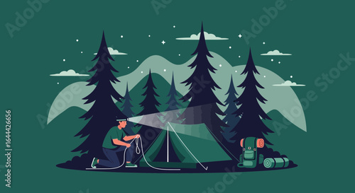 Man setting up tent at night in forest campsite vector illustration landscape