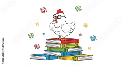 Intelligent chicken wearing glasses reading books, education and knowledge concept