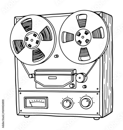 Detailed Black and White Line Art Illustration of a Reel-to-Reel Tape Recorder