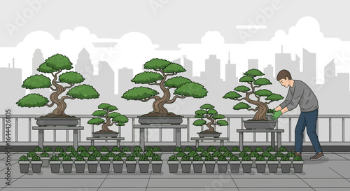 Man tending to bonsai trees on a rooftop garden against a cityscape background demonstrating horticultural care and artistic expression