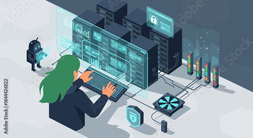 Isometric illustration of a woman managing a server room with robot assistant visualizing complex data