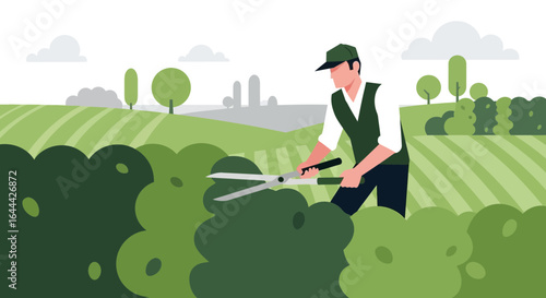 Man trimming hedges on a rural landscape, showcasing gardening and outdoor maintenance techniques in a stylized vector illustration