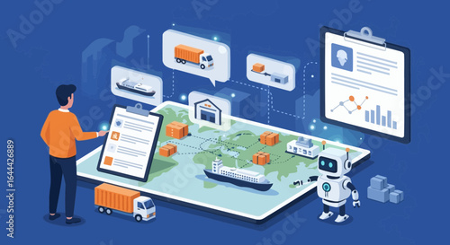 Isometric illustration showcasing global logistics and supply chain management with automation