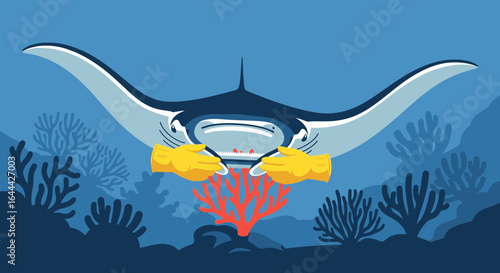 Manta ray assisted dental cleaning underwater with gloved hands in the sea cartoon illustration