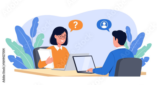 Job interview illustration with woman interviewer and man applicant using laptops