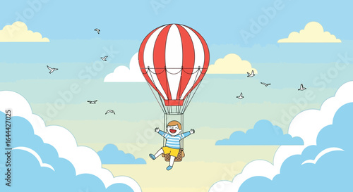 Joyful adventure illustration of a child flying in a hot air balloon over a landscape of clouds and birds