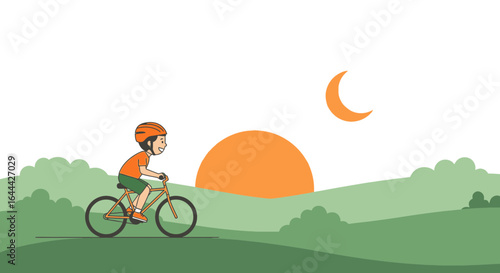 Joyful Bike Ride at Sunset: A Kid's Adventure in Nature, promoting outdoor activities and healthy lifestyle with a scenic landscape