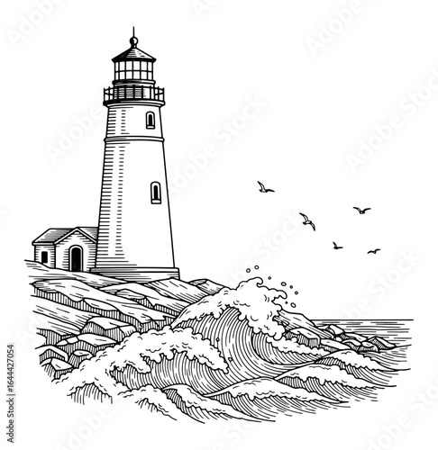 Lighthouse Tower Standing on a Rocky Shore with Breaking Waves, Black and White Illustration