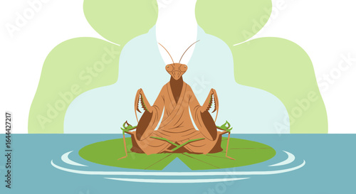 Meditative mantis illustration embodying zen peace on a lily pad in tranquil waters