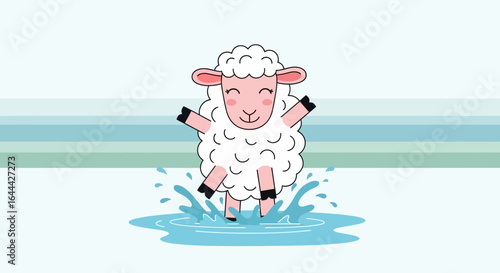 Joyful cartoon sheep splashing in a puddle bringing cheer and lightheartedness in vector format a playful animal illustration