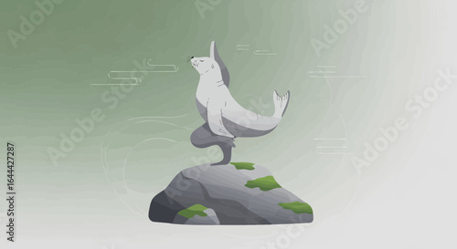 Meditative Seal Balances Serenity on Rock With Nature Calm Background