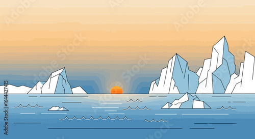 Minimalist arctic landscape illustration with icebergs and sunset scene at horizon