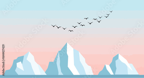 Minimalist arctic landscape with icebergs and birds conveys serene beauty of nature