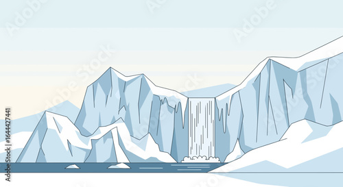 Minimalist Arctic Landscape with Icebergs and Waterfall in Pale Blue Tones