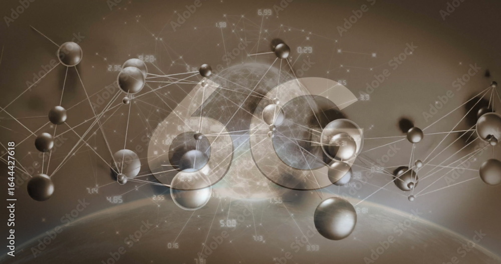 Fototapeta premium 3D network floating over planet horizon, with faint 6G overlay and spheres linked by white lines