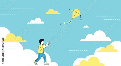 Joyful illustration of a boy flying a kite amidst fluffy clouds and clear blue sky