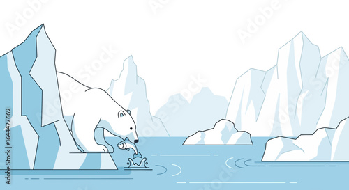 Minimalist Illustration of a Polar Bear Catching Fish in an Arctic Landscape