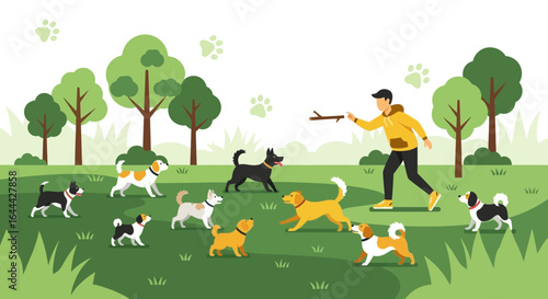 Joyful illustration of a man playing fetch with a group of happy dogs in a vibrant park