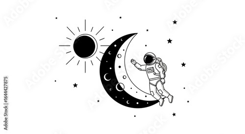 Minimalist illustration of an astronaut on the moon with the sun and stars