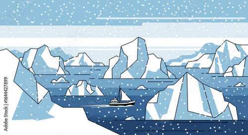 Minimalist Illustration Of Sailing Ship Through Frozen Waters Among Icebergs