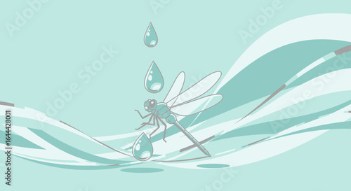 Minimalist vector illustration featuring a dragonfly and water droplets in pastel blue hues