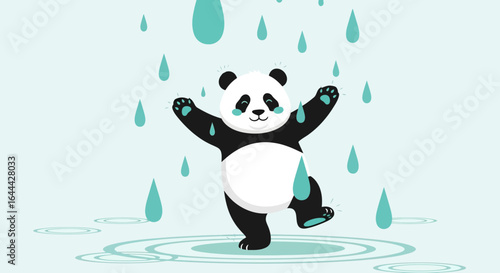 Joyful Panda Dancing Under the Rain in Flat Design Style Illustration