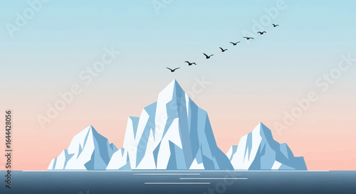 Minimalist vector illustration of icebergs in the ocean with birds flying overhead evoking a sense of arctic serenity